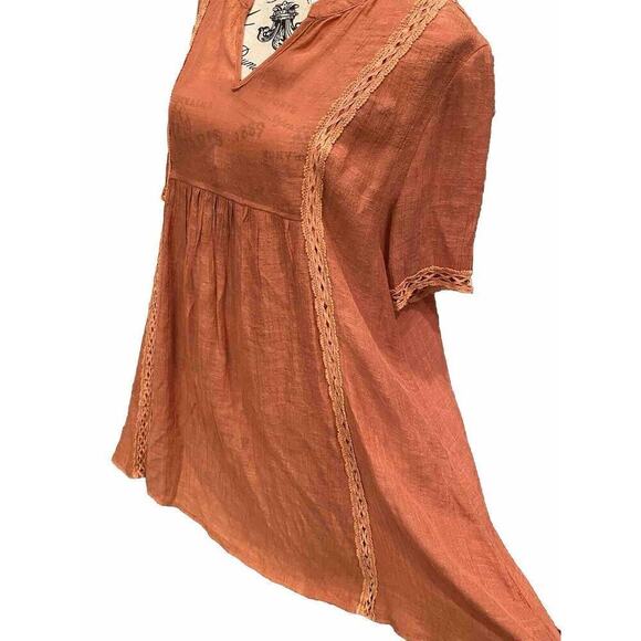 Monoreno Blouse Tunic Anthropologie Salmon Sz Large Lagenlook Short Sleeves Trim - Picture 5 of 6